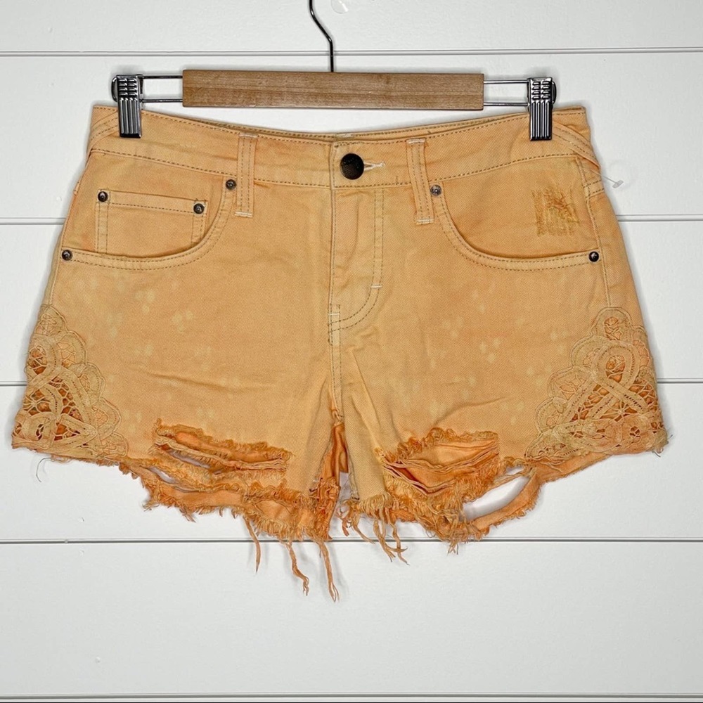 Free People Distressed Frayed Lace Cutoff Denim Shorts Orange Size 25
